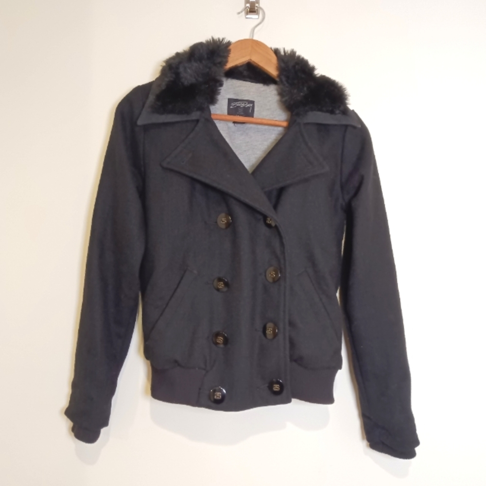 Stussy Wool Black Bomber Jacket w/ Faux Fur Collar